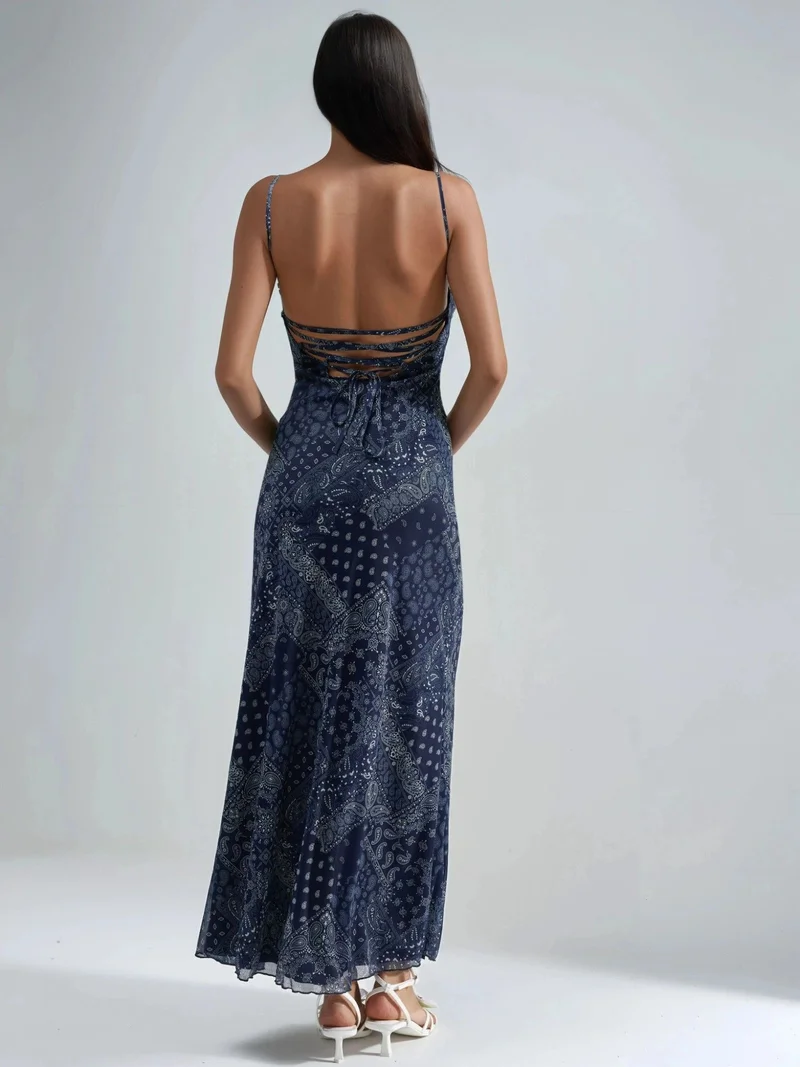 Hiccup Navy Blue Square Collar Printed Midi Dress for Women | Best Price UAE